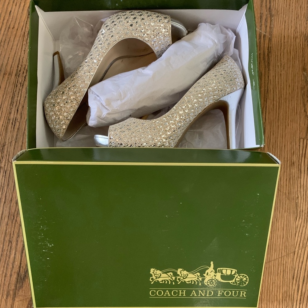 Coach silver peep toe 8M. 4” heel. Worn 1X